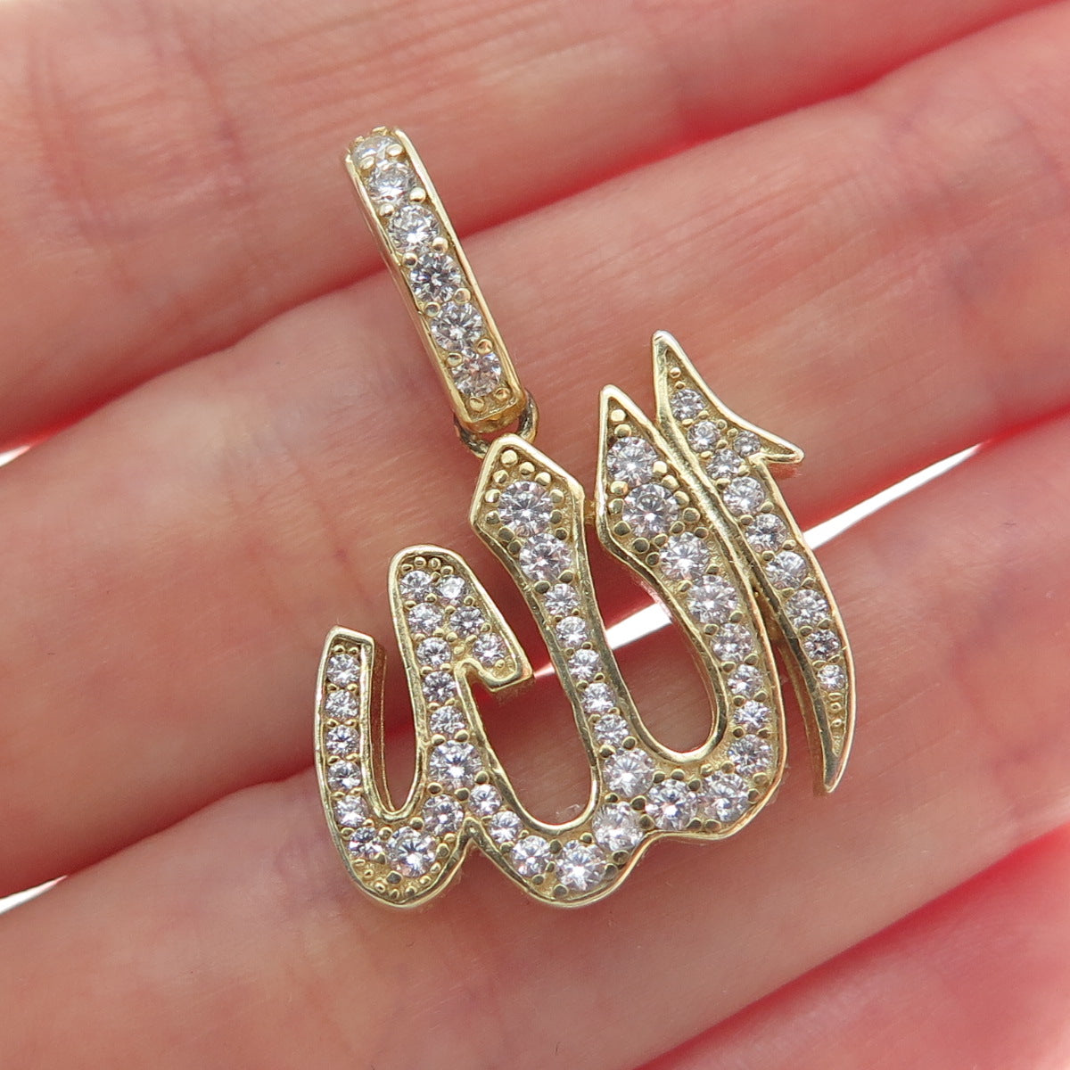 925 Sterling Silver Gold Plated C Z Muslims Allah Religious Pendant
