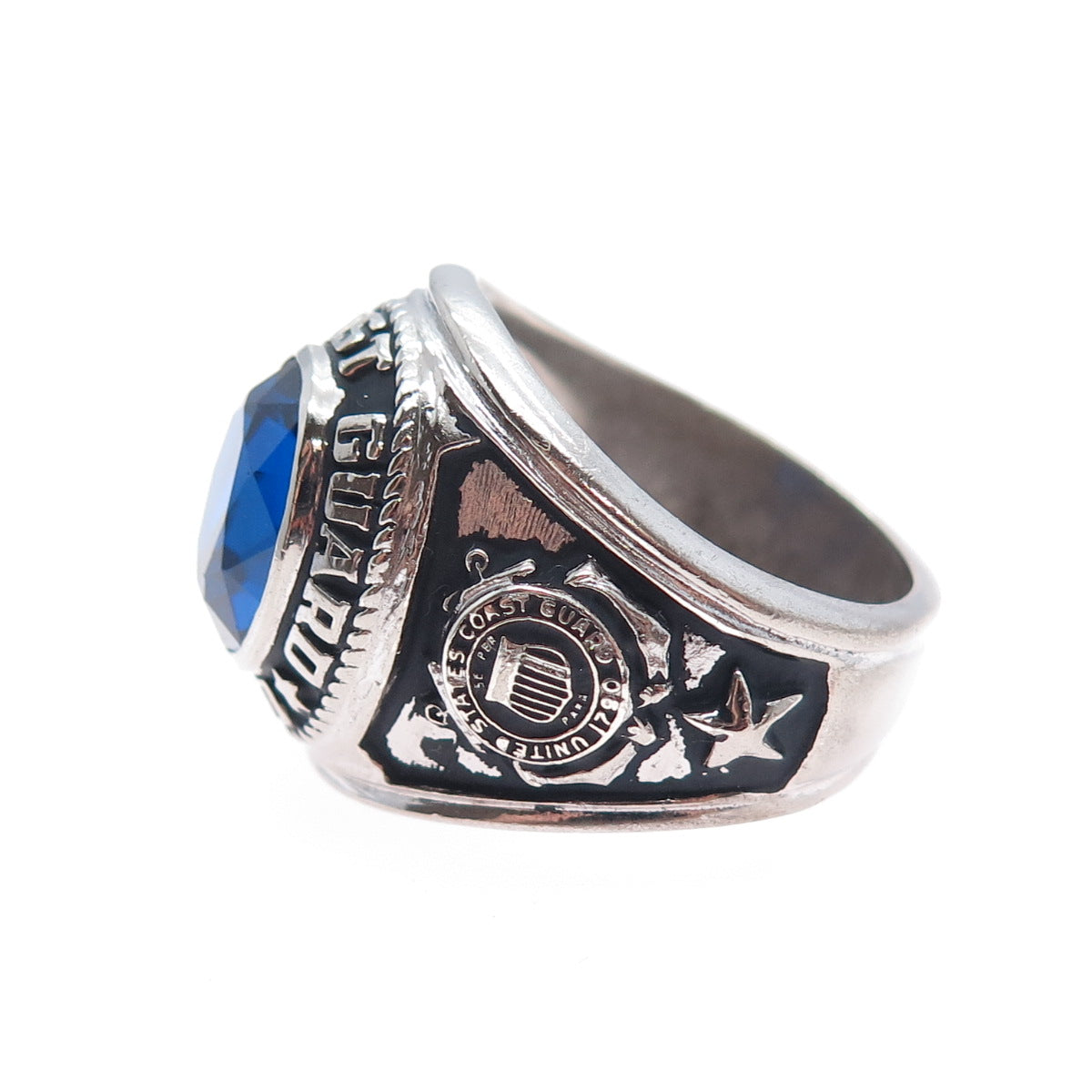 CREST CRAFT Sterling Vintage Lab-Created Sapphire US Coast Guard Ring Size 9.75