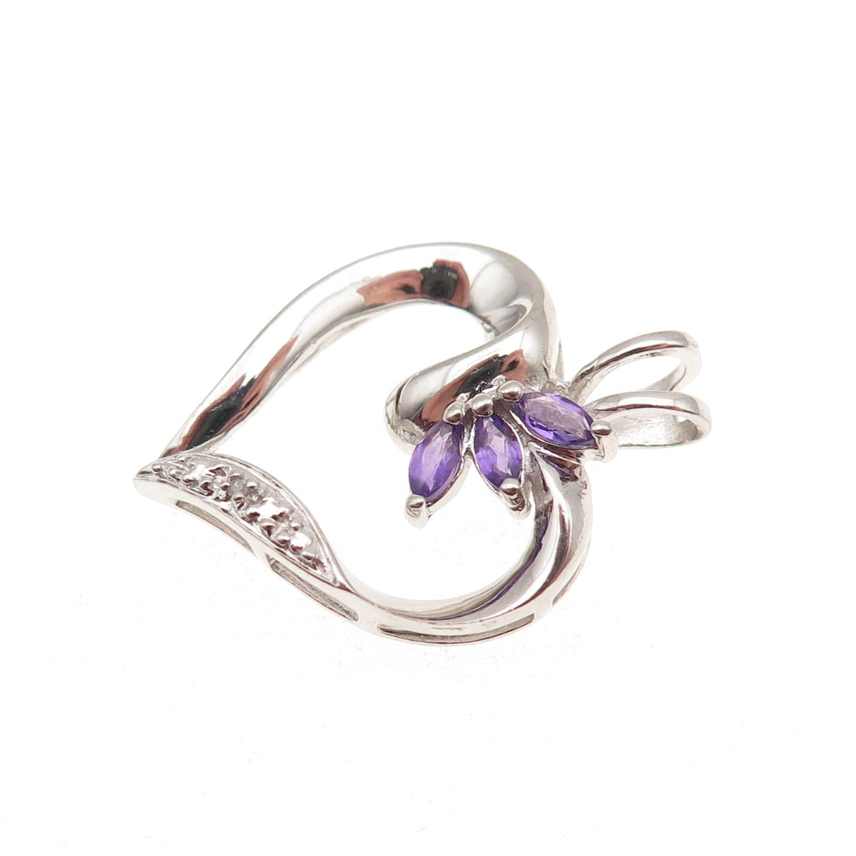 ROSS SIMONS 925 Sterling Silver Real Diamond Accent & Amethyst Heart Pendant
