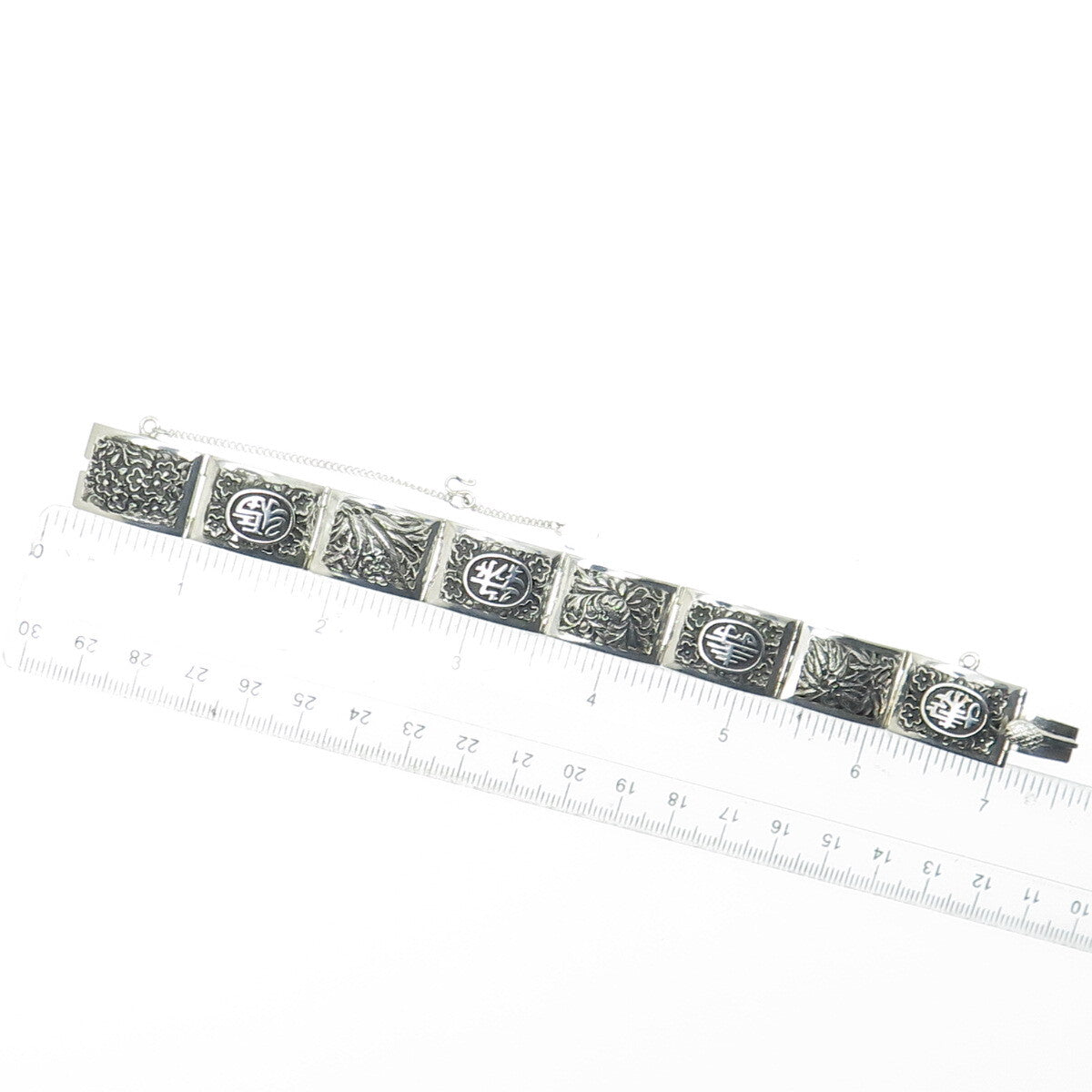 925 Sterling Silver Antique Chinese Character Lotus Oxidized Panel Bracelet 7"