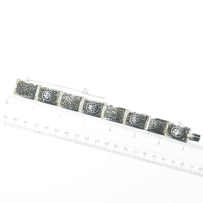 925 Sterling Silver Antique Chinese Character Lotus Oxidized Panel Bracelet 7"