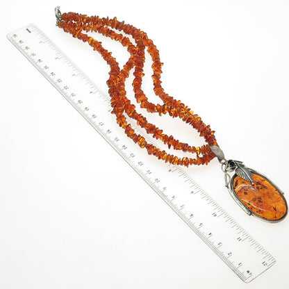 ZIV 925 Sterling Silver Vintage Real Amber Modernist Floral Beaded Necklace 18"