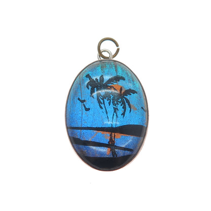 925 Sterling Silver Antique Art Deco Monarch Butterfly Wing Landscape Pendant