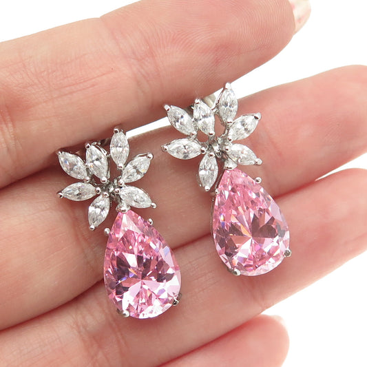 925 Sterling Silver Pear-Cut Pink & Marquise White C Z Floral Earrings