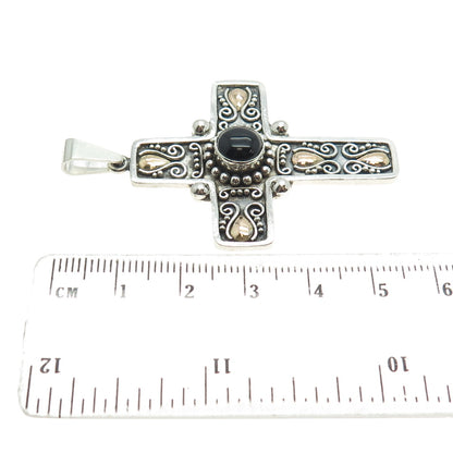 SUARTI BALI 18K Gold & Sterling Silver Vintage Black Onyx Floral Cross Pendant