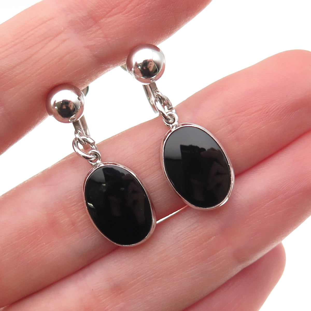 Simmons 925 Sterling Antique Art Deco Real Black Onyx Screw Back Dangle Earrings