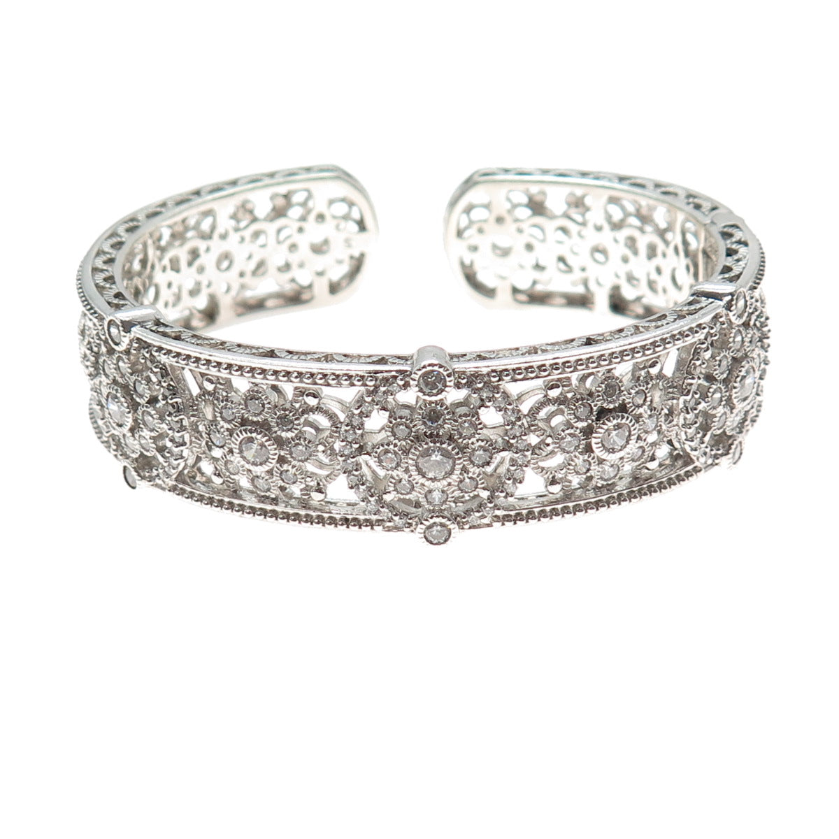 JUDITH RIPKA Sterling Silver Round-Cut C Z Flower Adjustable Cuff Bracelet 7"