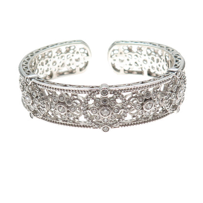 JUDITH RIPKA Sterling Silver Round-Cut C Z Flower Adjustable Cuff Bracelet 7"