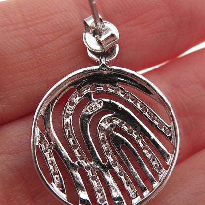 925 Sterling Silver Round-Cut C Z Fingerprint Disc Dangle Earrings