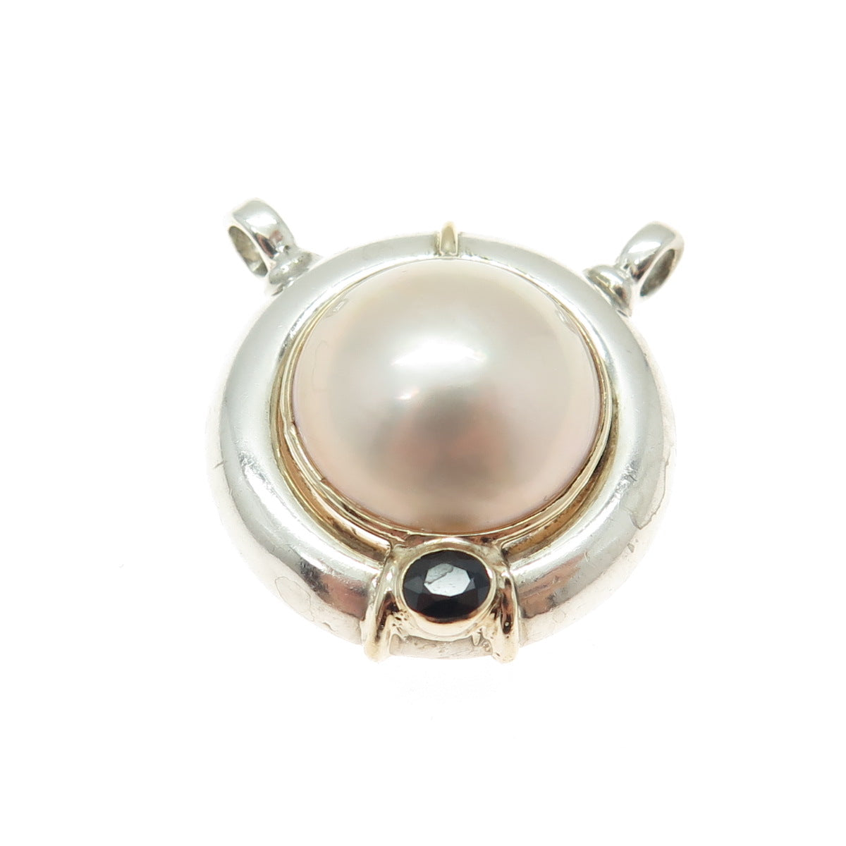 14K Gold Sterling Silver Vintage Pearl & Sapphire Modernist Centerpiece Pendant