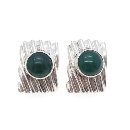 925 Sterling Silver Vintage Real Green Onyx Modernist Omega Back Earrings