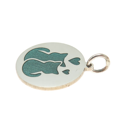 925 Sterling Silver Green Enamel Cat Couple Minimalist Round Tag Charm Pendant