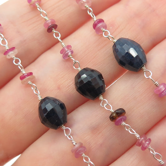 925 Sterling Silver Vintage Real Sapphire & Ruby Beads Long Chain Necklace 44"