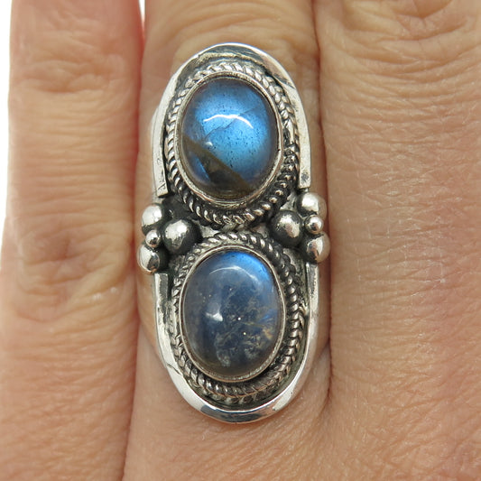 925 Sterling Silver Vintage Real Labradorite Southwestern Oxidized Ring Size 6.5