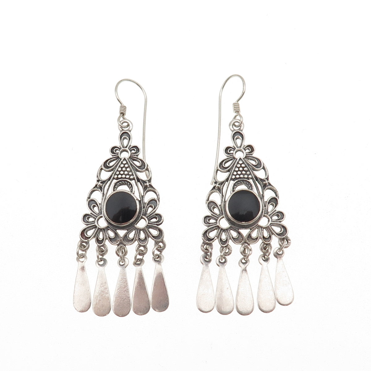 925 Sterling Silver Vintage Real Black Onyx Floral Oxidized Dangle Earrings