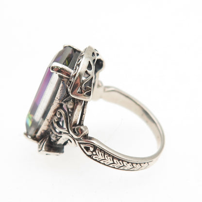 925 Sterling Silver Vintage Real Mystic Quartz & Pearl Oxidized Ring Size 5.75