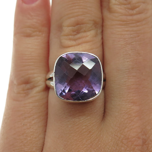 925 Sterling Silver Vintage Real Checkered Amethyst Gemstone Ring Size 6.25