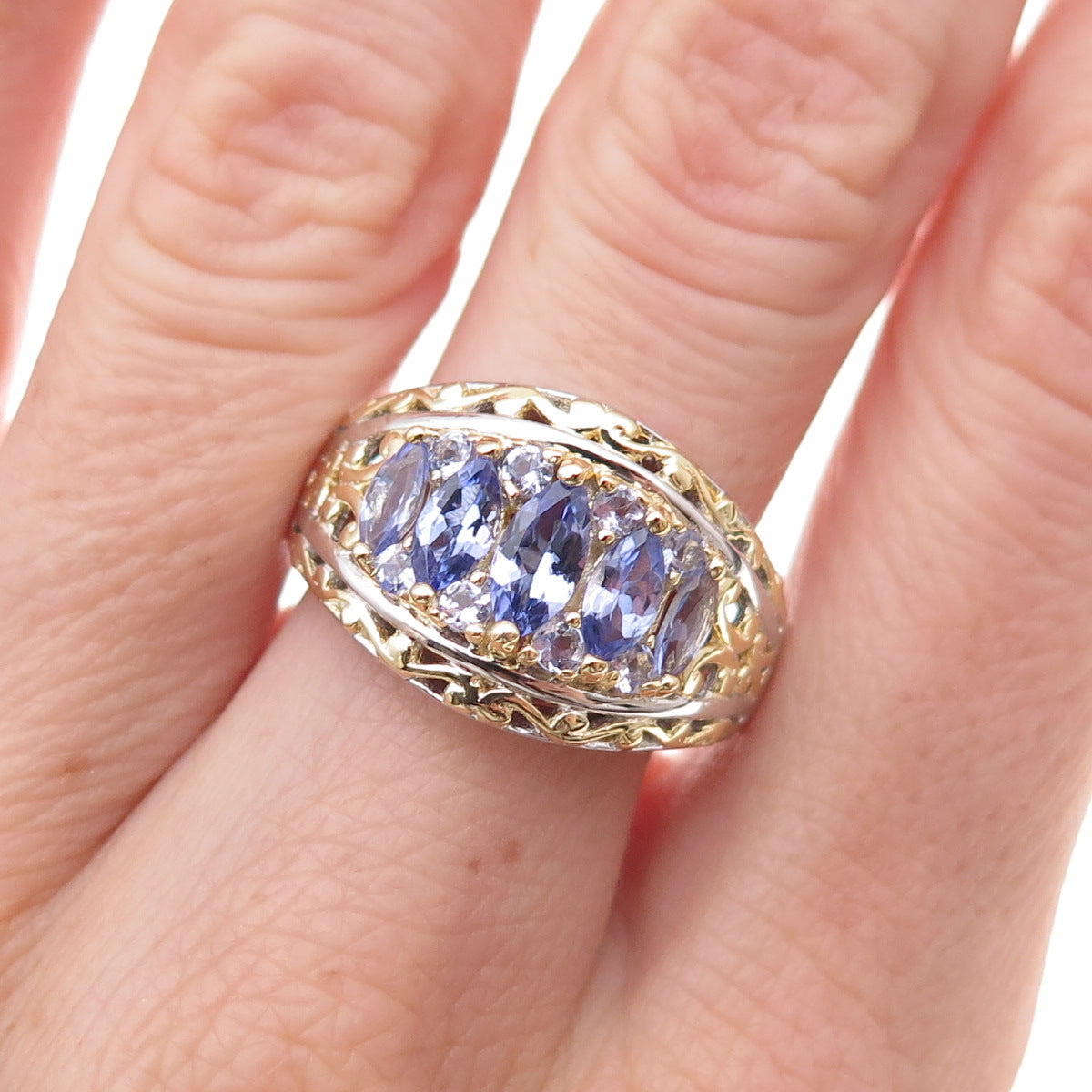 925 Sterling Silver 2-Tone Real Oval & Round-Cut Tanzanite Ring Size 8.25
