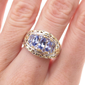 925 Sterling Silver 2-Tone Real Oval & Round-Cut Tanzanite Ring Size 8.25