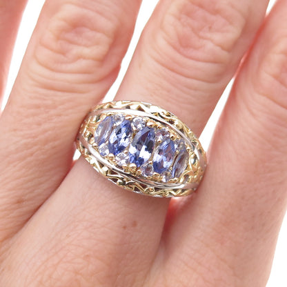 925 Sterling Silver 2-Tone Real Oval & Round-Cut Tanzanite Ring Size 8.25