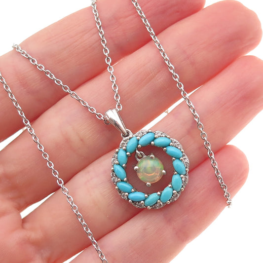 Chuck Clemency 925 Sterling Silver Real Turquoise Opal White Topaz Necklace 20"