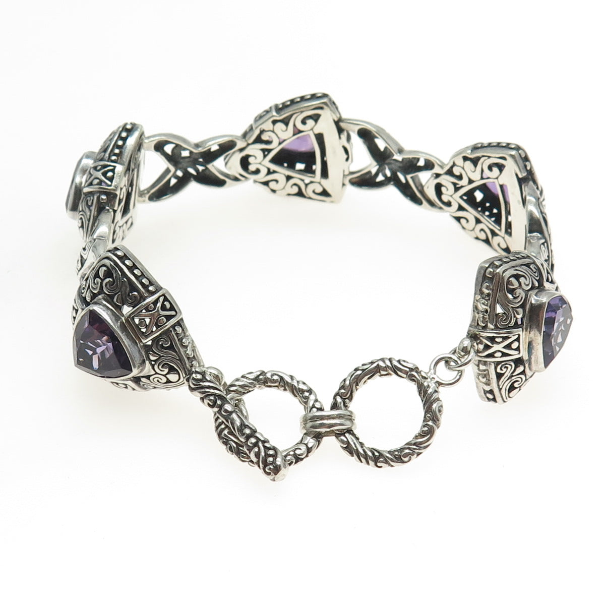 925 Sterling Silver Real Amethyst Gemstone Ornate Bracelet 8"