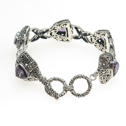 925 Sterling Silver Real Amethyst Gemstone Ornate Bracelet 8"
