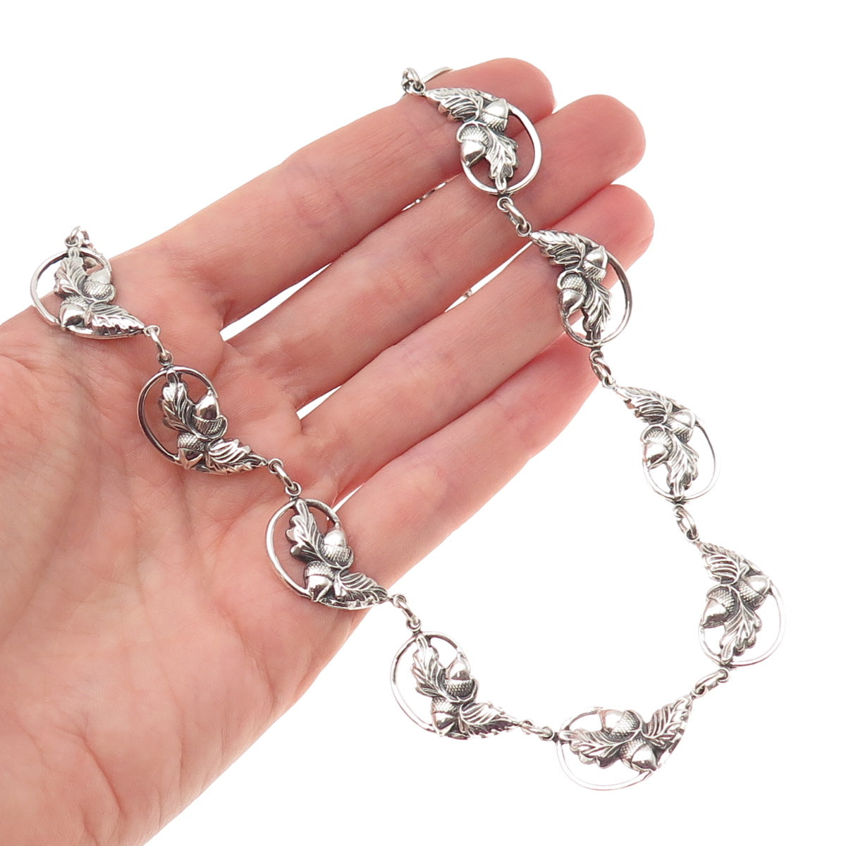 DANECRAFT 925 Sterling Silver Antique Art Deco Acorn Oxidized Chain Necklace 16"