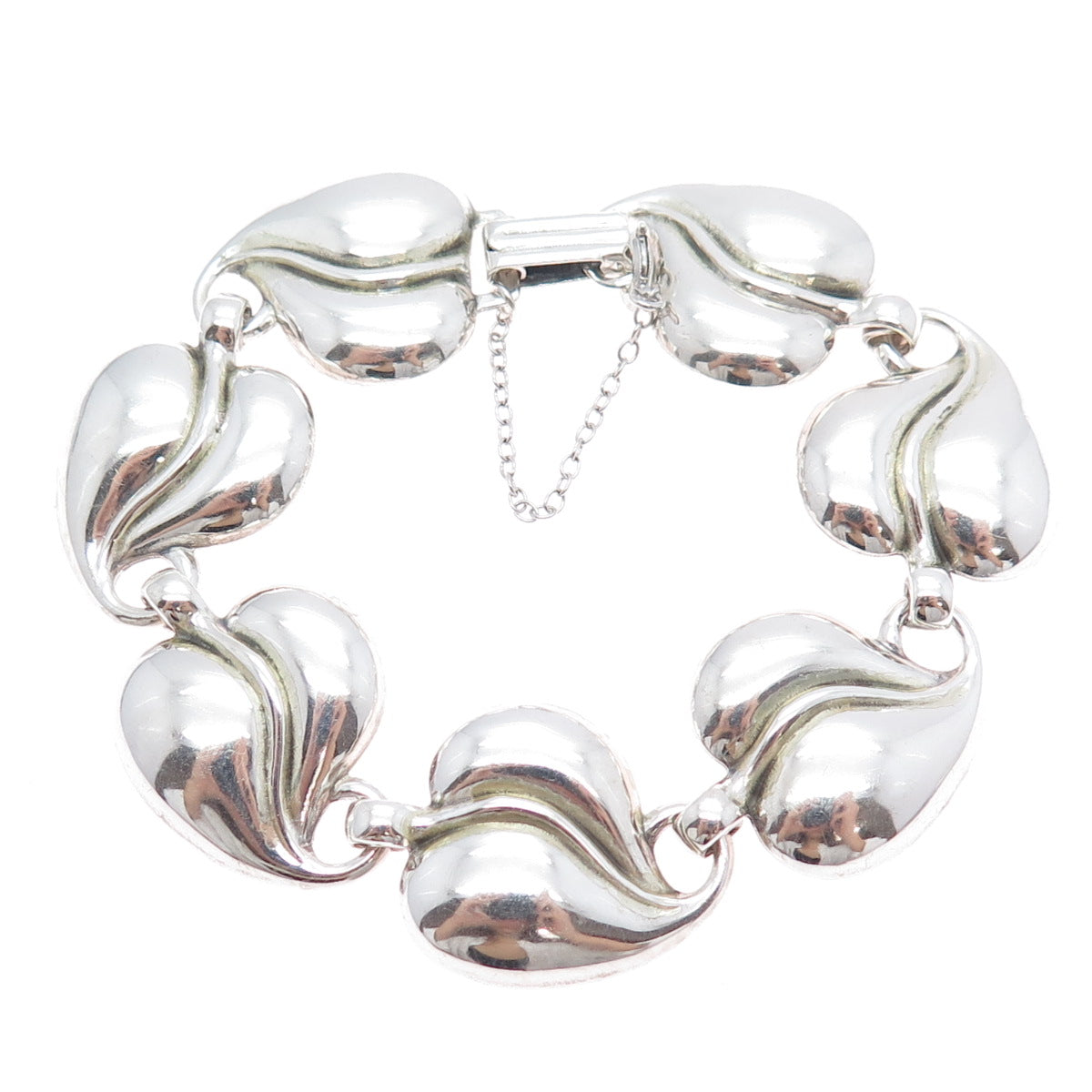 925 Sterling Silver Antique Art Deco Floral Heart Leaf Link Bracelet 6.75"