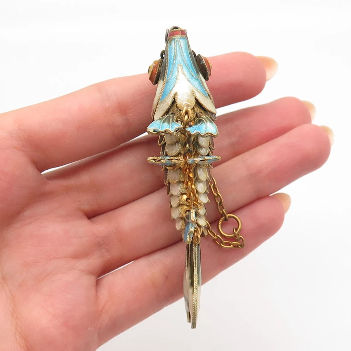 925 Sterling Silver Gold Plated Antique Enamel Chinese Chatelaine Koi Fish Fob