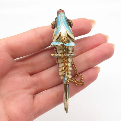 925 Sterling Silver Gold Plated Antique Enamel Chinese Chatelaine Koi Fish Fob