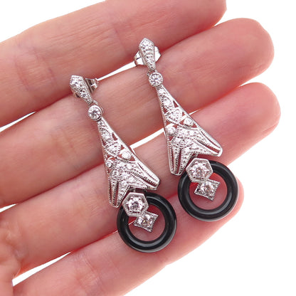 925 Sterling Silver Real Black Onyx & Round-Cut C Z Dangle Earrings