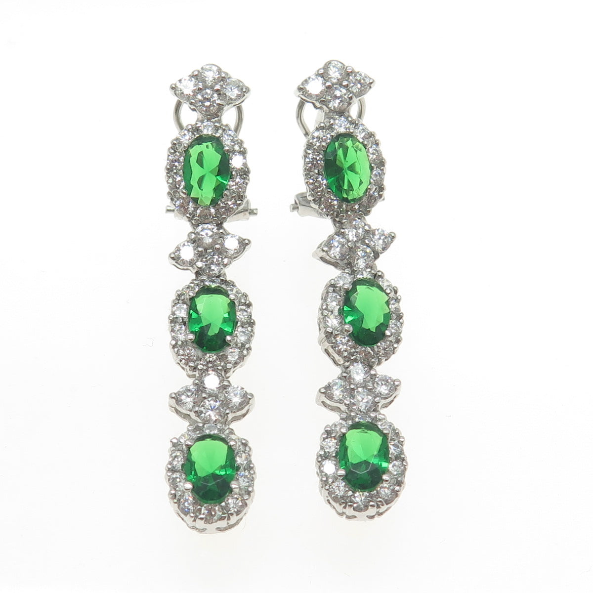 925 Sterling Silver Oval-Cut Nano Emerald & Round C Z Omega Back Earrings