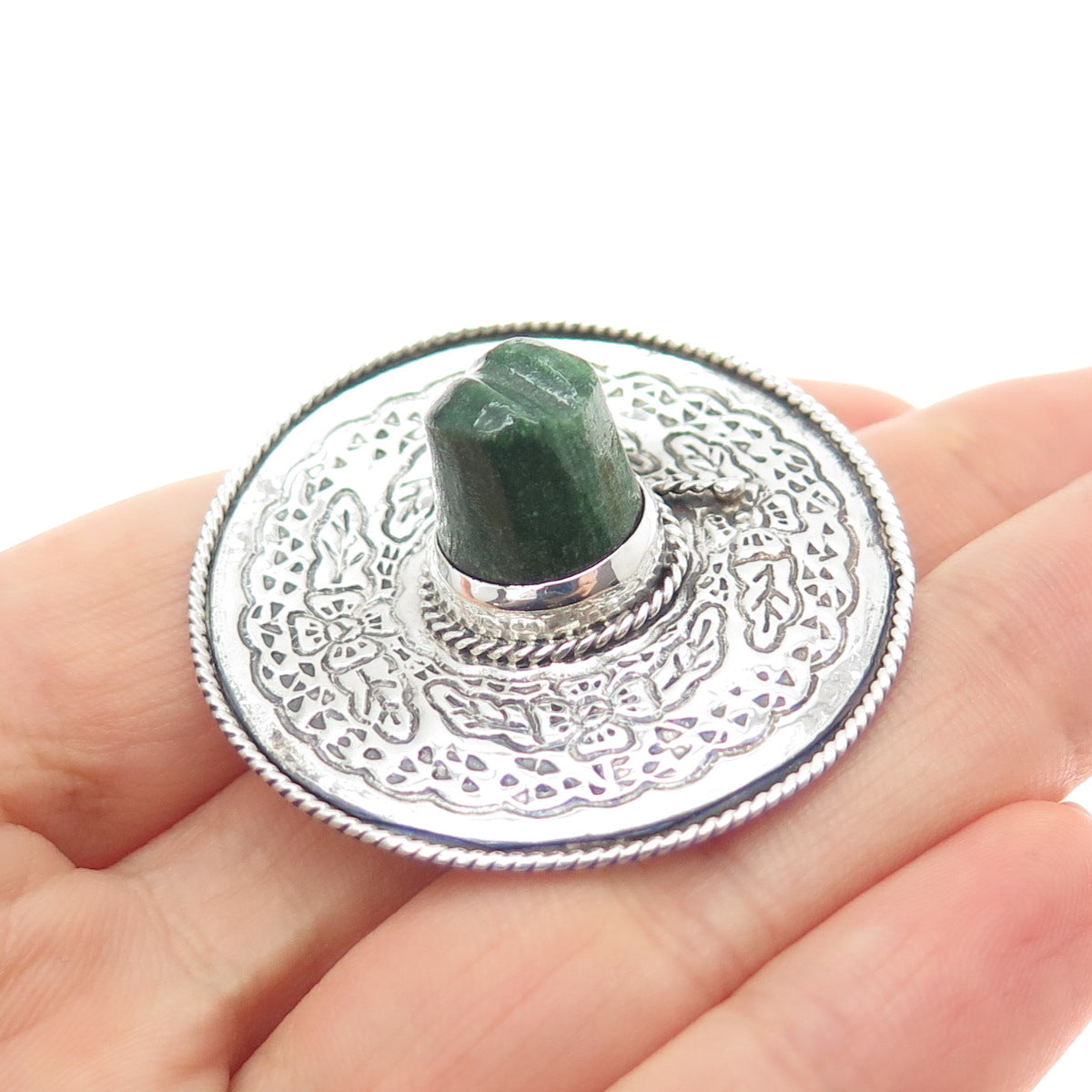 925 Sterling Silver Vintage Mexico Real Jade Sombrero Hat Oxidized Pin Brooch