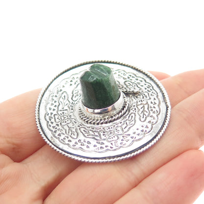 925 Sterling Silver Vintage Mexico Real Jade Sombrero Hat Oxidized Pin Brooch