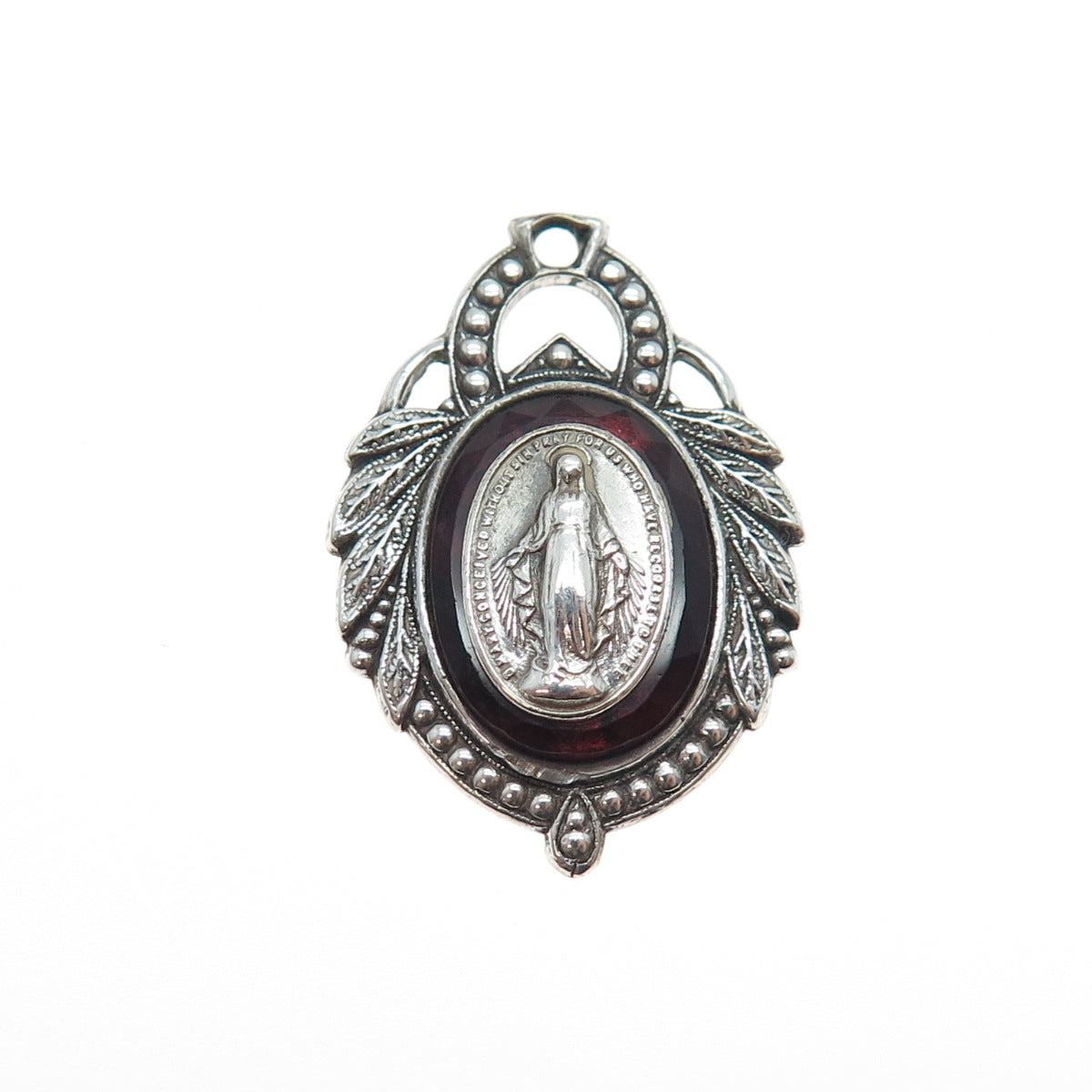 925 Sterling Silver Antique Art Deco Bohemian Glass St. Mary Charm Pendant