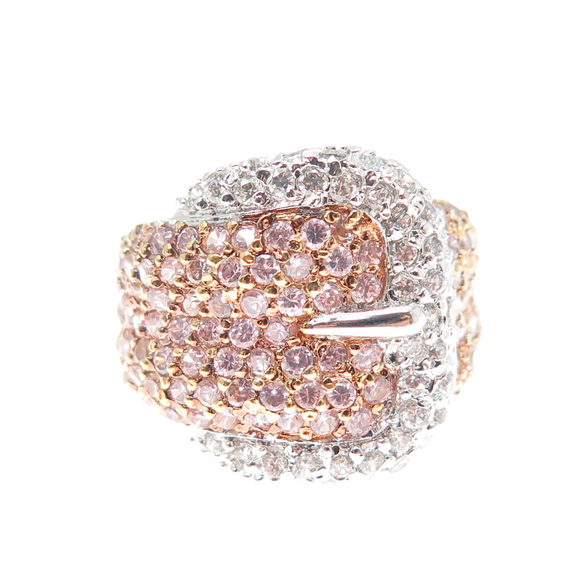 925 Sterling Silver 2-Tone Round-Cut Pink & White C Z Belt Buckle Ring Size 7