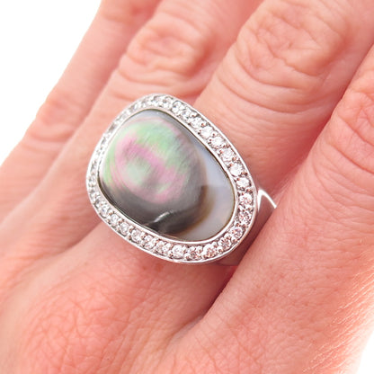 925 Sterling Silver Real Abalone Shell & C Z Modernist Ring Size 7.25