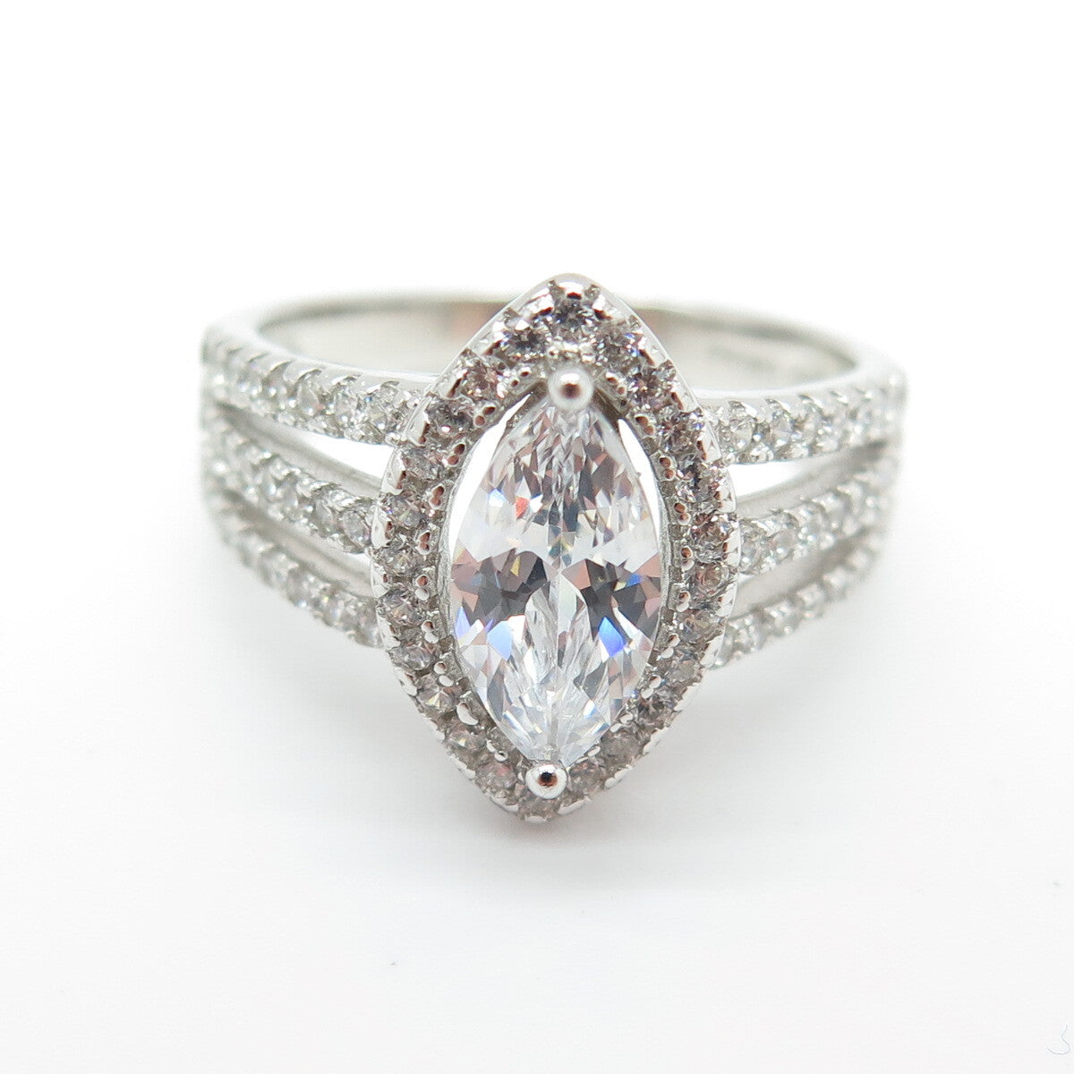 925 Sterling Silver Marquise & Round-Cut C Z Ring Size 7.25