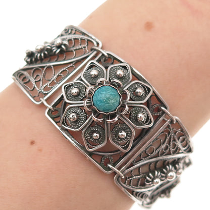 916 Silver Vintage European Real Amazonite Filigree Pannel Link Bracelet 6.5"