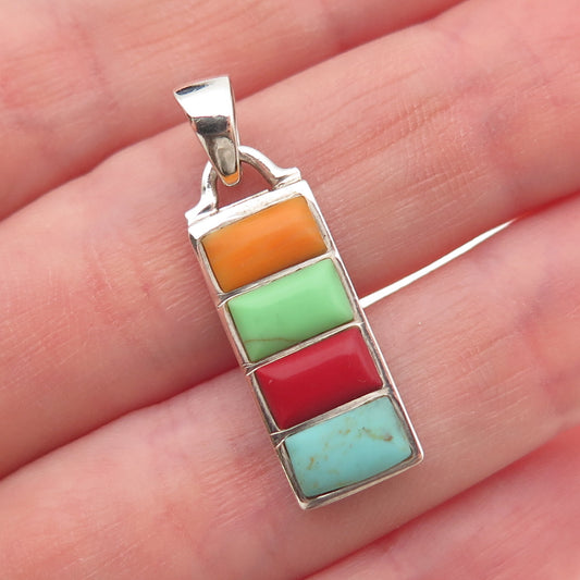 925 Sterling Silver Vintage Real Multi-Color Turquoise & Coral Charm Pendant