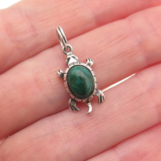 Cellini Sterling Silver Vintage Real Malachite Turtle Good Luck Charm Pendant