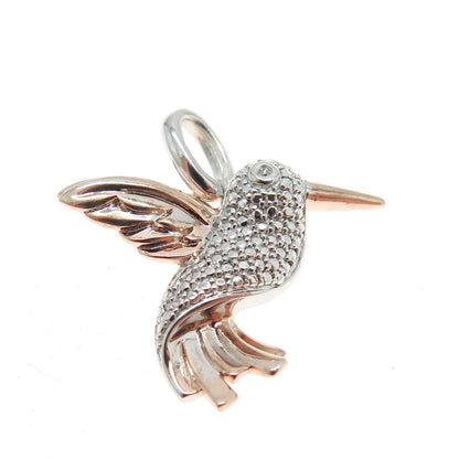 SAI 925 Sterling Silver Rose Gold Plated Real Round Diamond Hummingbird Pendant