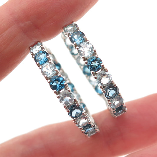 925 Sterling Silver Real Round-Cut London Blue Topaz In & Out Hoop Earrings