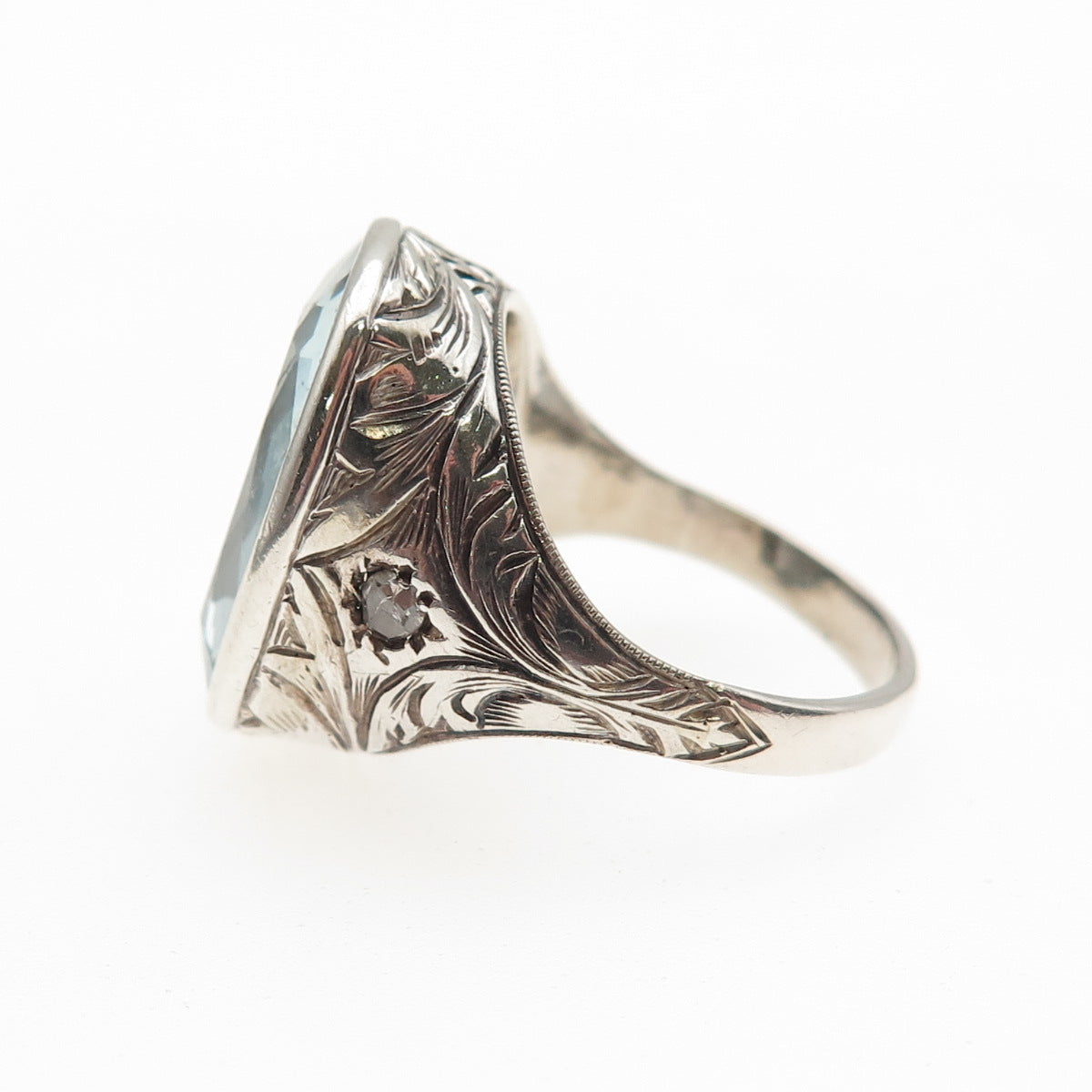 925 Sterling Antique Art Deco Real Diamond & Aquamarine Oxidized Ring Size 6.5