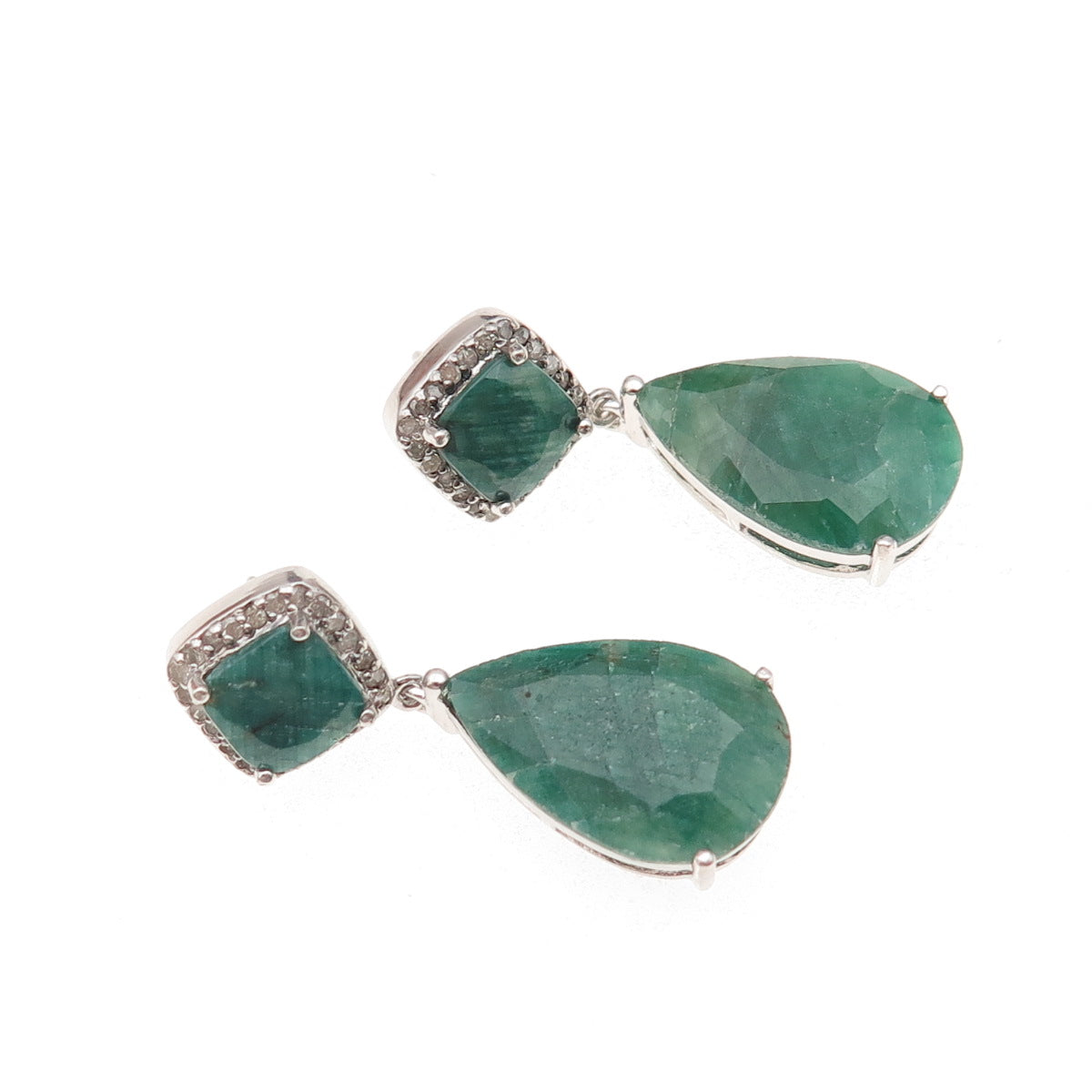 925 Sterling Silver Real Diamond & Emerald Teardrop Dangle Earrings