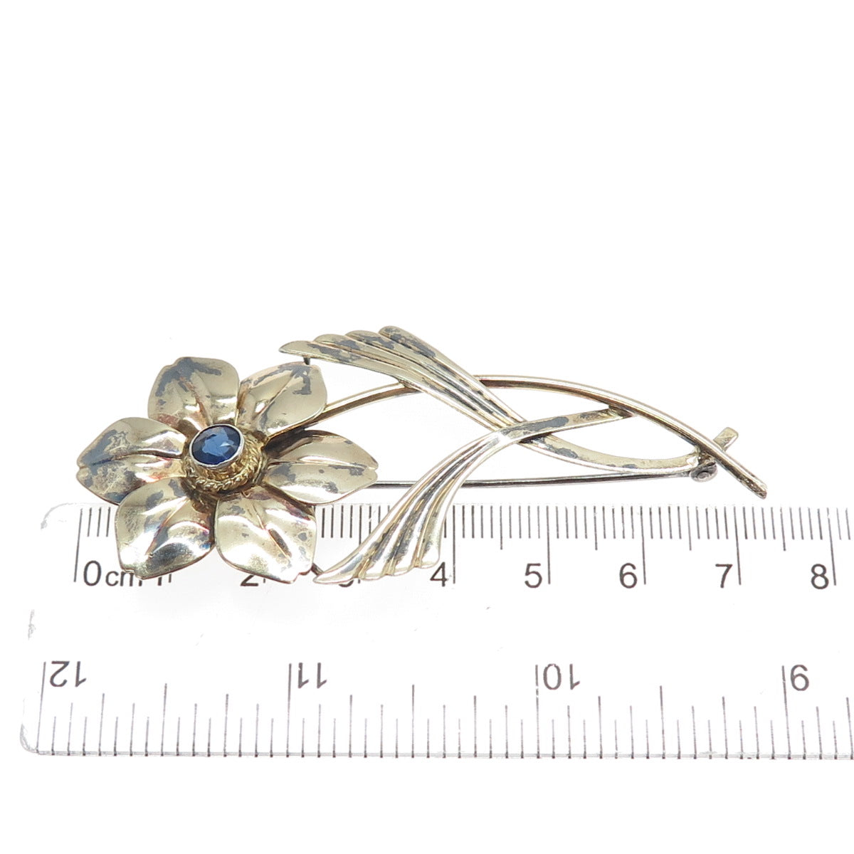 SYMMETALIC 14K Gold & 925 Sterling Silver Antique Rhinestone Flower Pin Brooch