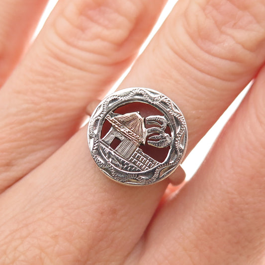 El Salvador 900 Silver 2-Tone Vintage Old House Ring Size 6.25