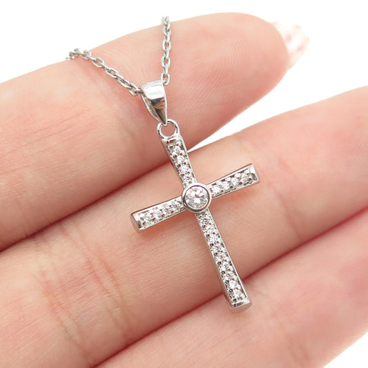 925 Sterling Silver Italy Round-Cut C Z Cross Cable Chain Necklace 16"