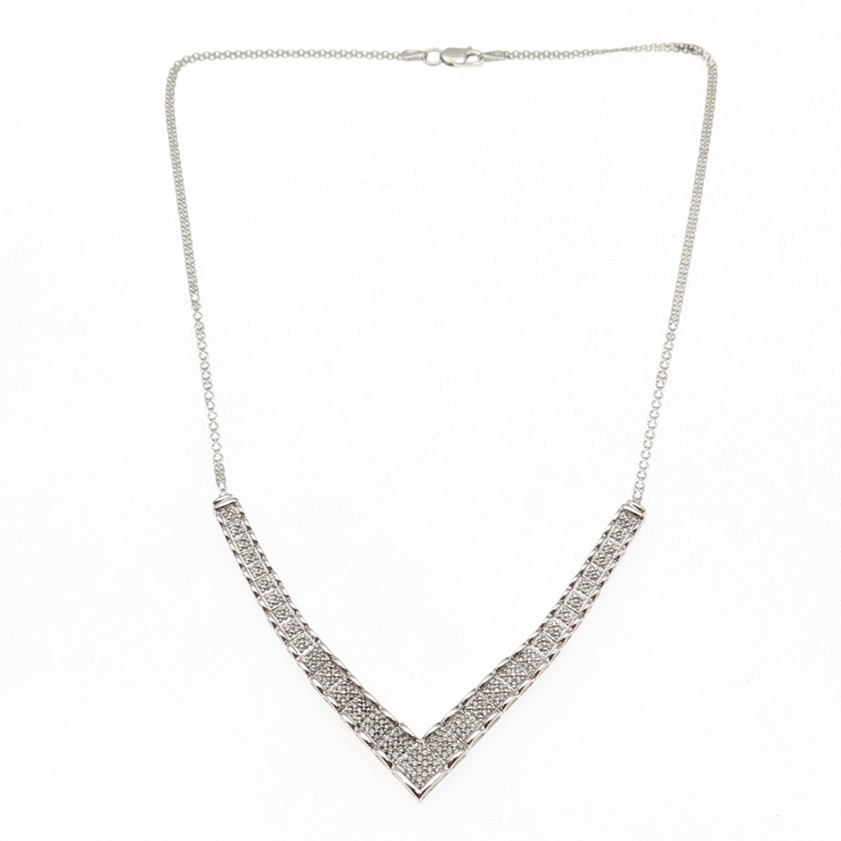 Sun 925 Sterling Silver Real Diamond V-Shape Bismark Chain Necklace 18"